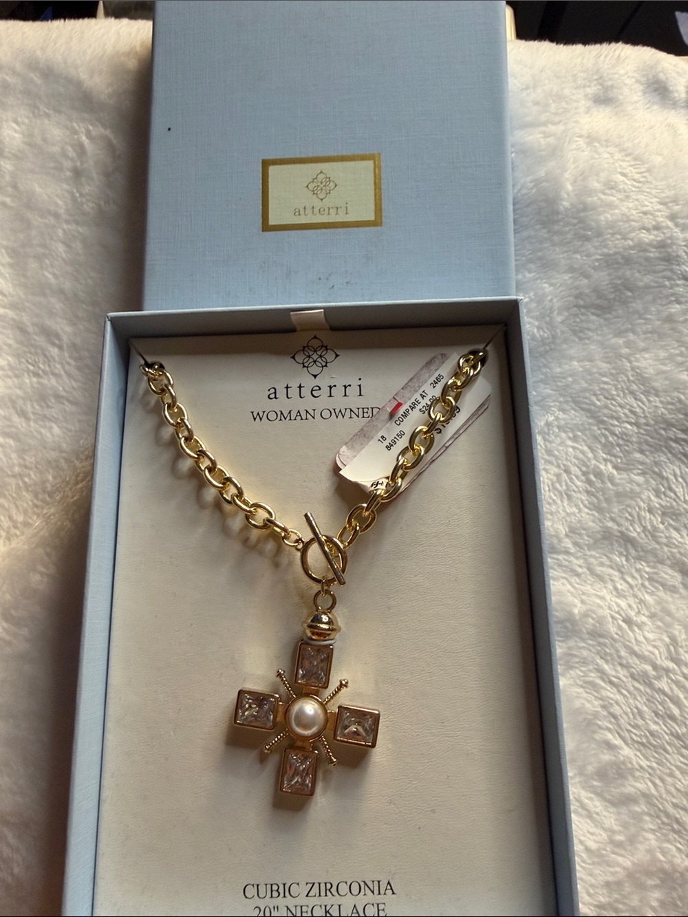 atterri Gold Cross Pendant Necklace with Pearl Accent